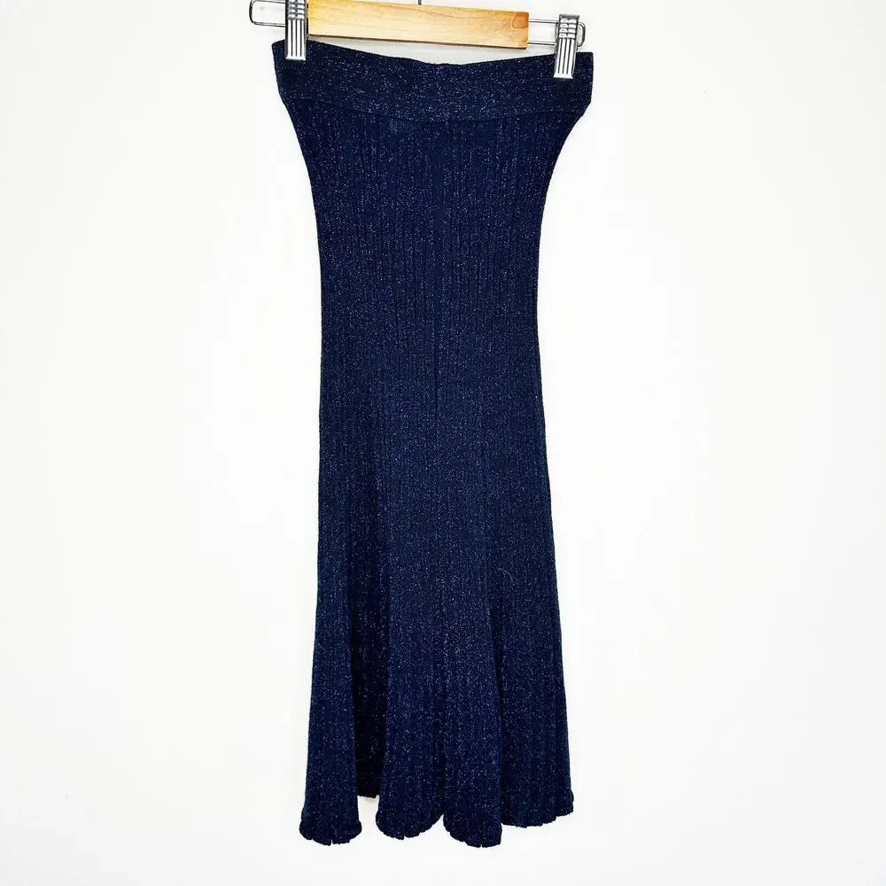 & Other Stories Glittery Pleated Rib Knit Midnight Navy Blue Sheer Midi Skirt XS